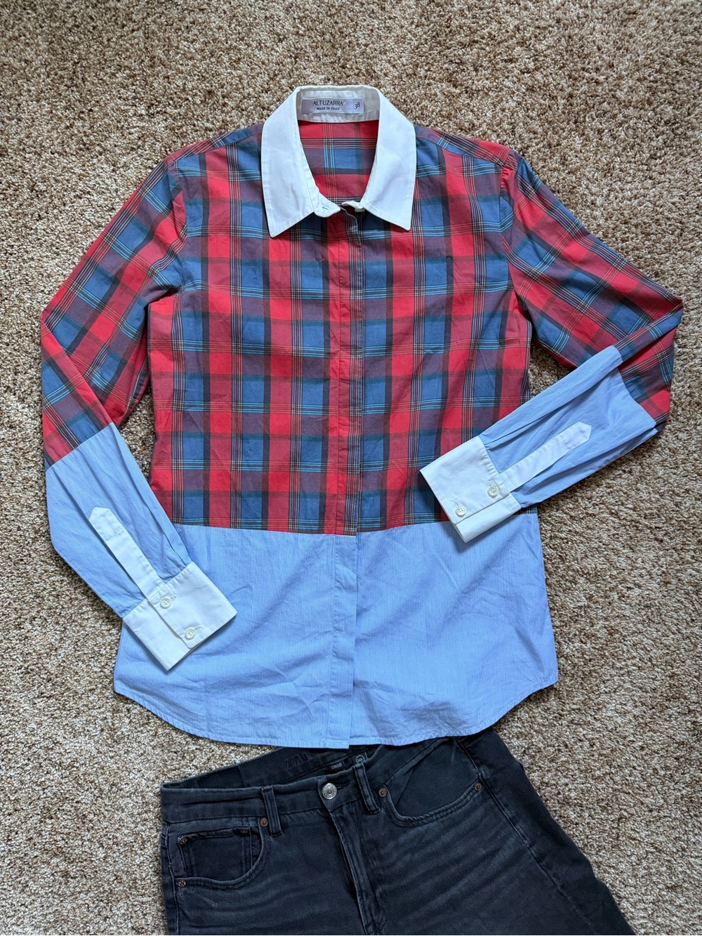 Altuzarra Mixed Plaid & Stripe Contrast Collar Italian Cotton Shirt | US 4 EU 38